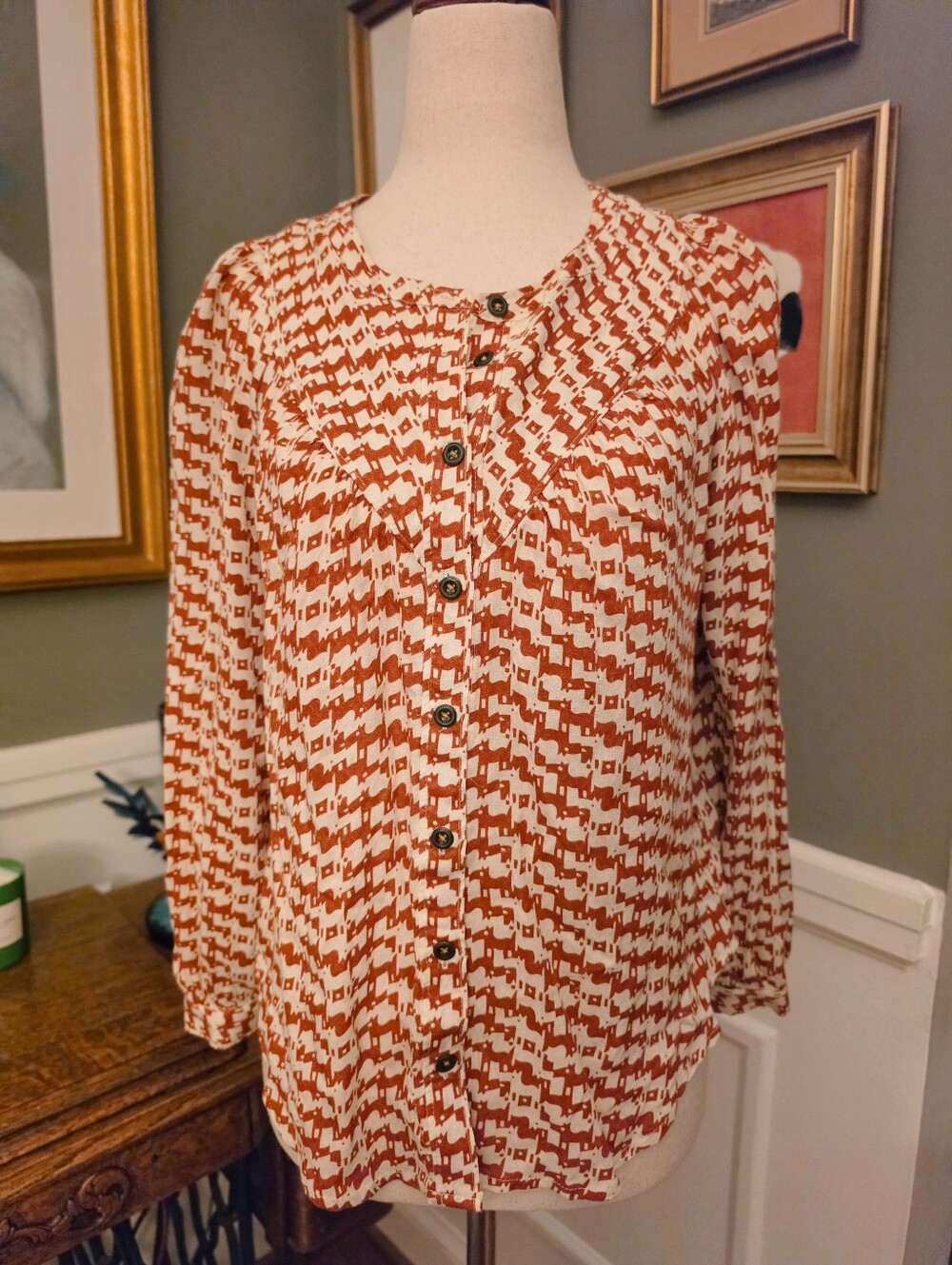 Maeve From Anthropologie Button-Front Women's Top in Rust & Cream Size Xsp